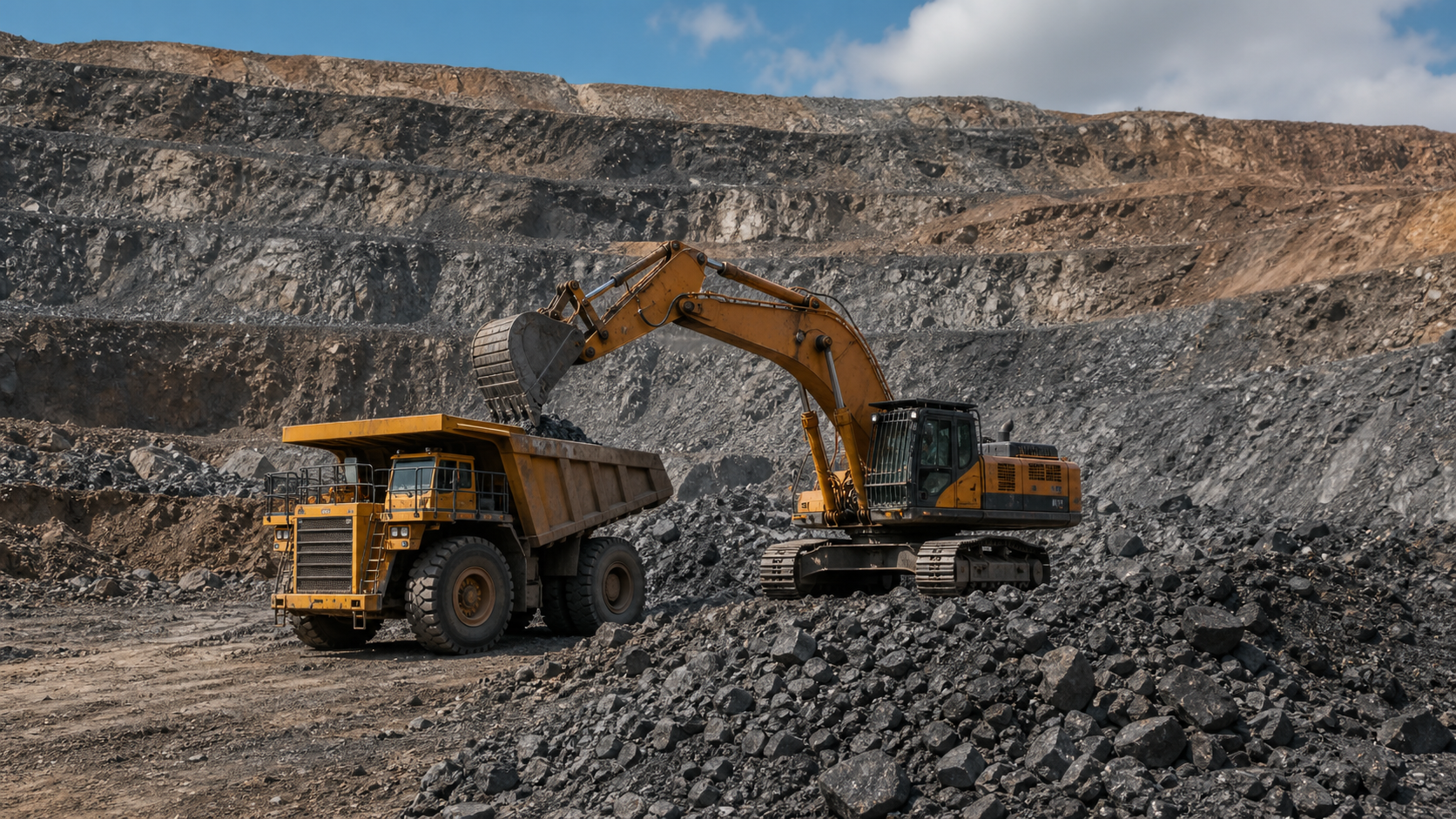 Open pit minerals operation with an excavator and haul truck